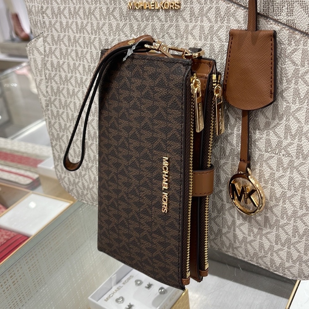 Michael Kors Jet Set Travel Large Double-Zip Wristlet-Wallet-PhoneHolder Brown - Picture 3 of 16
